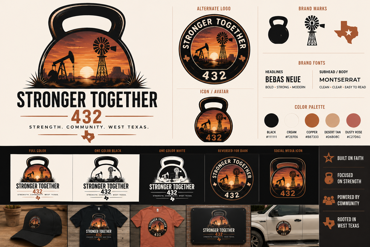Stronger Together 432 West Texas brand with kettlebell, sunset, windmill and pump jack